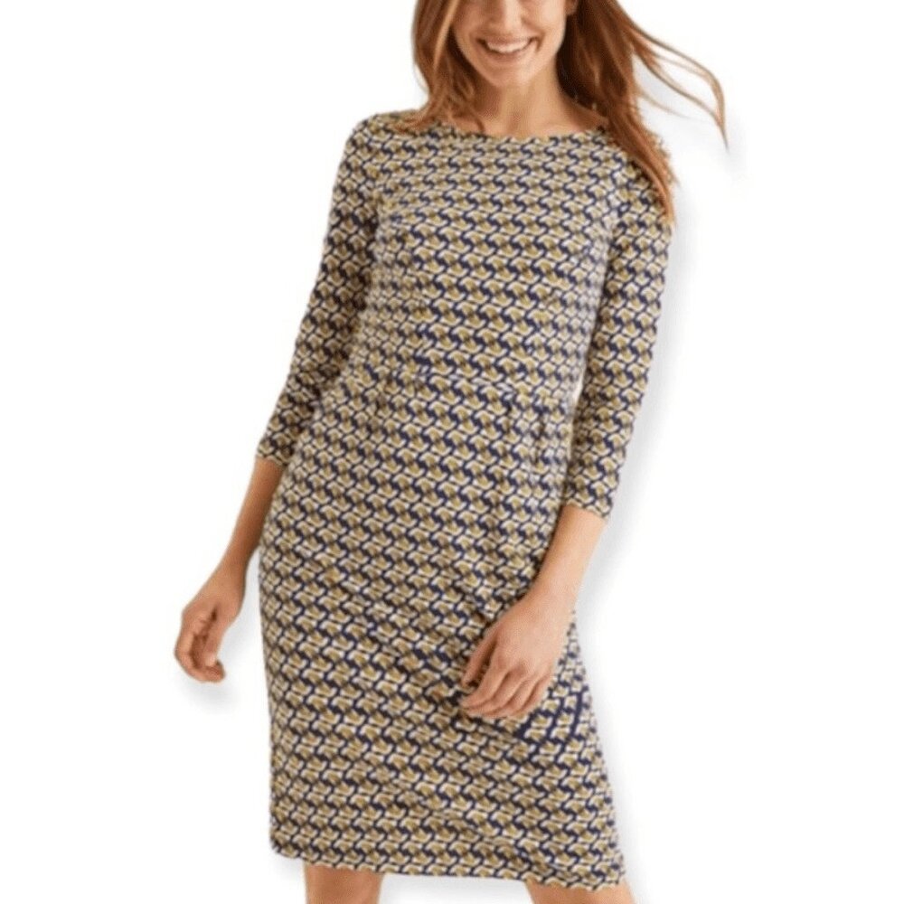 Boden Penny Blue & Yellow Bird Print Jersey Sheath Dress w Pockets Size 6L